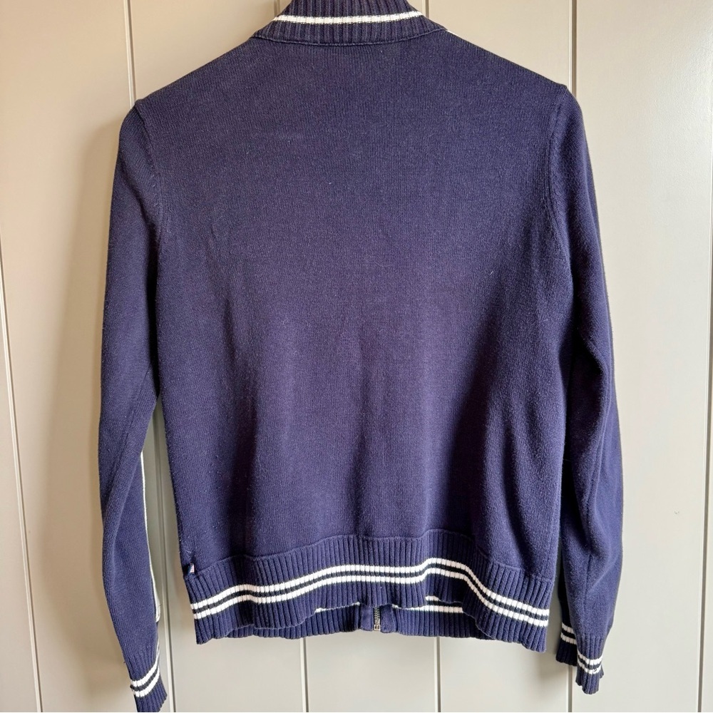 Vtg Polo Jeans Ralph Lauren Sweater Womens Full Zip Varsity Stripe Medium Navy - Picture 3 of 13